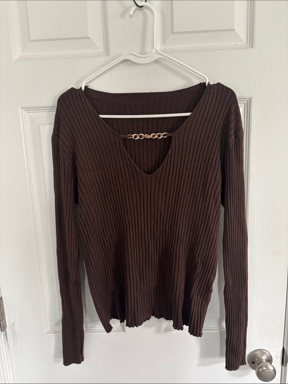 Ribbed V-Neck Long Sleeve Top - Brown